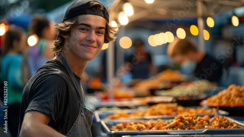 A young man is standing in a market, smiling at the camera. There are many food stalls behind him.