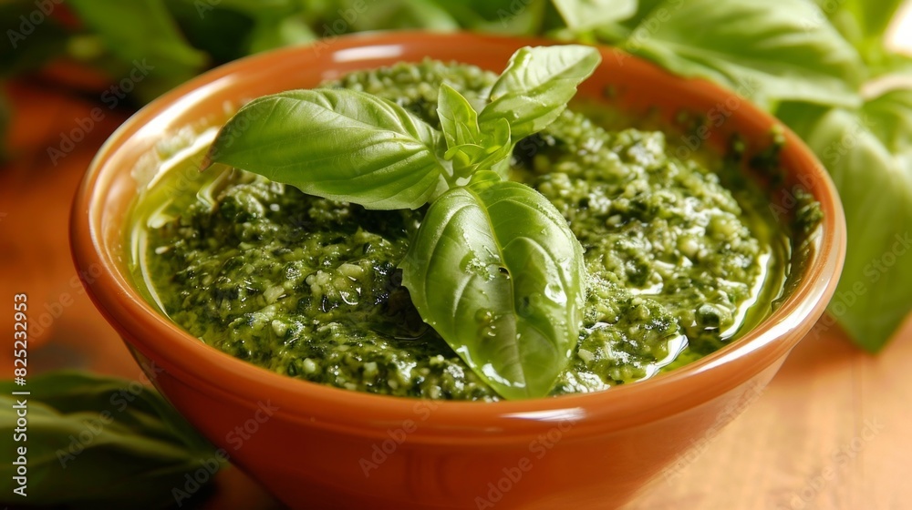 Traditional italian sauce pesto with green basil in wooden bowl isolated on white background Traditional italian sauce pesto with green basil in wooden bowl isolated on white background
