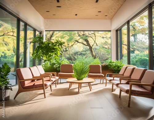 peaceful waiting room in a mental health clinic with nature-themed decor