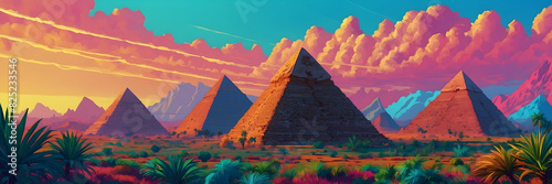 Vibrant digital artwork showcasing the Great Pyramids of Egypt in a colorful  stylized illustration