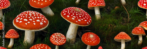 Close-up photo of a group of red and white Amanita muscaria mushrooms in nature