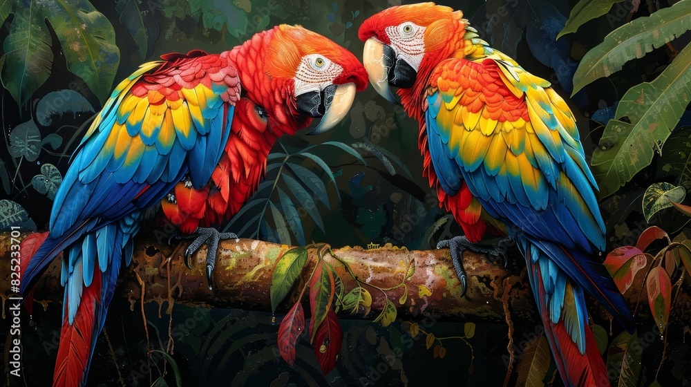 Obraz premium A pair of colorful macaws perched on a tree branch in the Amazon rainforest, their bright plumage blending harmoniously with the lush foliage around them.