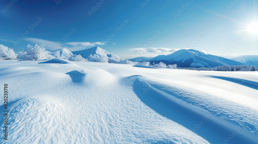 A panoramic view of a snow-covered landscape, with pristine white snow stretching as far as the eye can see, under a clear blue sky, symbolizing purity and freshness. A panoramic view of a snow-covered landscape, with pristine white snow stretching as far as the eye can see, under a clear blue sky, symbolizing purity and freshness.