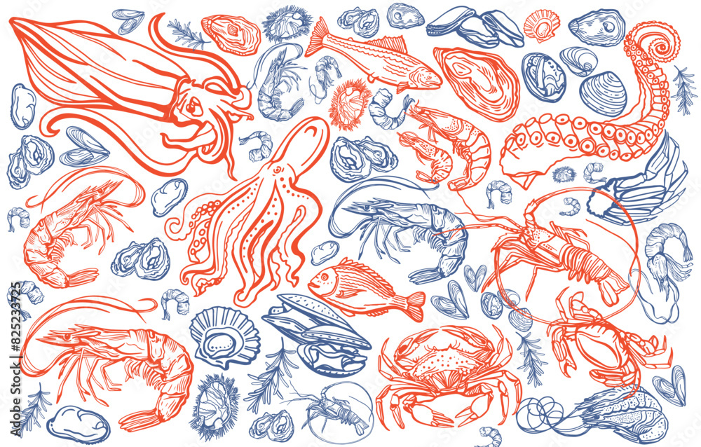 Naklejka premium Isolated vector set of seafood. Shrimps, langoustines, prawns, salmon, trout, oysters, mussels, squid, crab, lemon, octopus, rosemary, sea urchin. Hand-drawn seafood delicacy, restaurant and marine.
