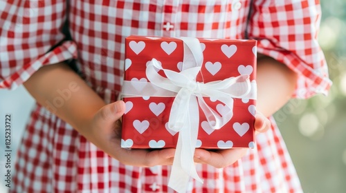 Photo of a person holding a red gift box with white heart patterns and a white ribbon, dressed in a red checkered shirt, perfect for Valentine's Day.