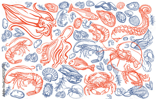 Isolated vector set of seafood. Shrimps, langoustines, prawns, salmon, trout, oysters, mussels, squid, crab, lemon, octopus, rosemary, sea urchin. Hand-drawn seafood delicacy, restaurant and marine.