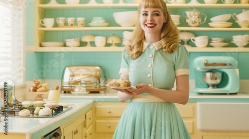 Retro-style woman in a pastel kitchen holding a plate of pastries, smiling cheerfully. Trad wife concept