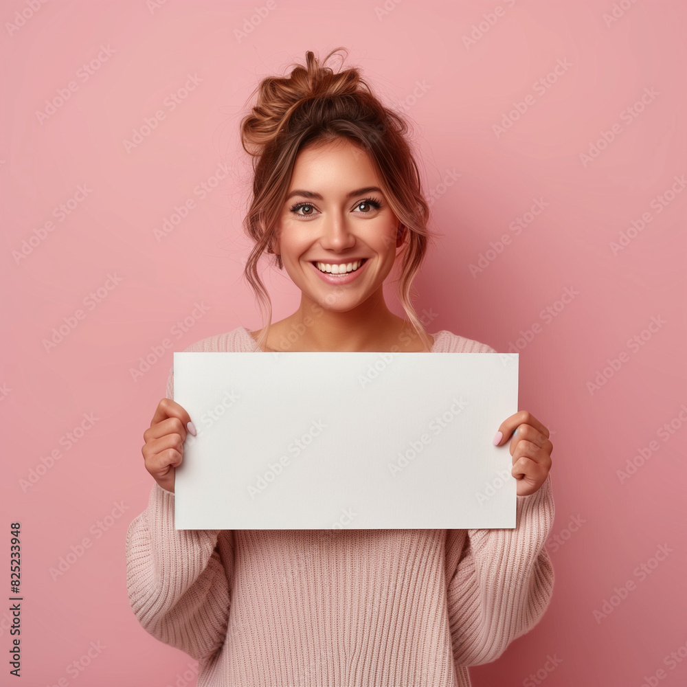 A woman is holding a blank piece of paper and smiling. Concept of positivity and optimism, as the woman is holding the blank paper with a smile on her face