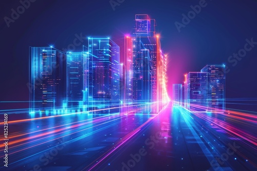 A cityscape with neon lights and a colorful blur of lights