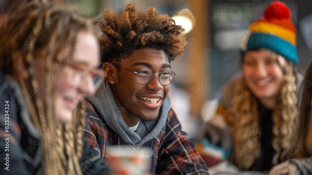 Diverse group of friends hanging out at a coffee shop. Diverse group of friends hanging out at a coffee shop.
