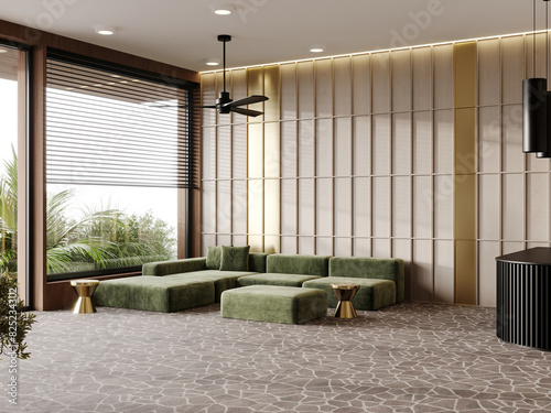 Reception area in hotel lobby. Green olive accent living lounge room