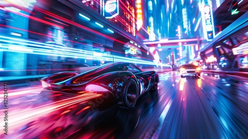 Futuristic car racing through a neon city at night