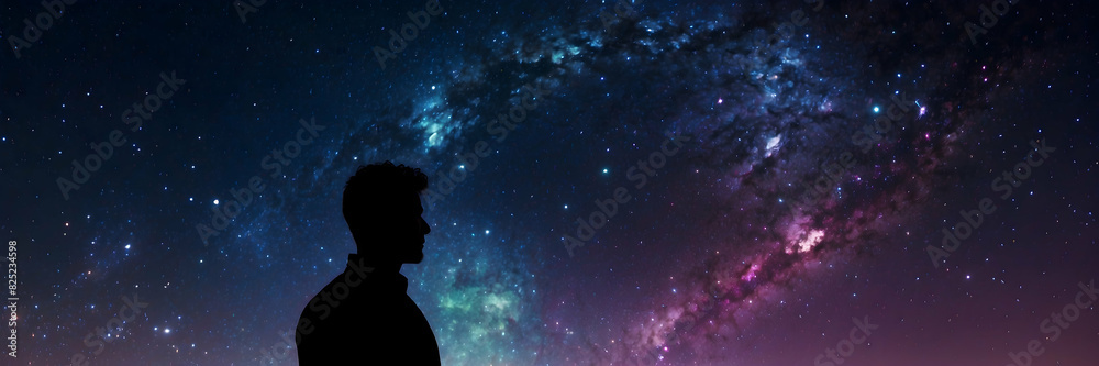 A silhouette of a person is outlined against a vast starry sky, evoking a sense of wonder and exploration A silhouette of a person is outlined against a vast starry sky, evoking a sense of wonder and exploration
