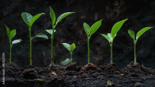 A time-lapse image series showing a plant's growth from a seedling to a mature plant, highlighting the role of carbon dioxide absorption and oxygen release. photo