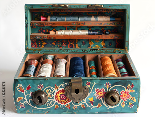 Vintage Ornate Sewing Box with Intricate Floral Pattern, Brass Hinges, and Colorful Spools of Thread - Antique Handcrafted Design for Nostalgic Craft Enthusiasts photo