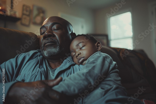 A man is holding a sleeping baby on his lap