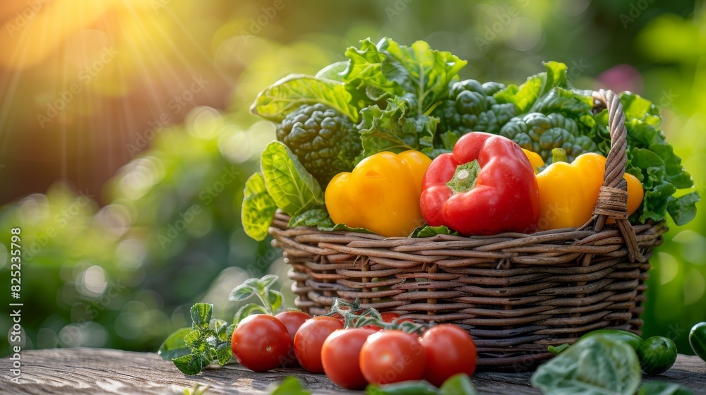 Freshly picked organic vegetables arranged in a wicker basket, sitting on a wooden table in a sunny garden, showcasing vibrant colors and natural textures. Freshly picked organic vegetables arranged in a wicker basket, sitting on a wooden table in a sunny garden, showcasing vibrant colors and natural textures.