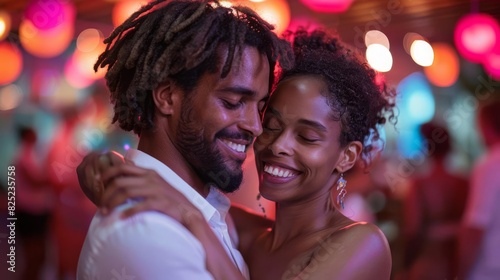 The image shows a happy couple dancing at a party. They are both smiling and embracing each other. The background is blurred with colorful lights.