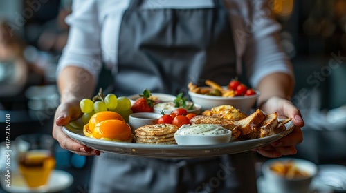 Close-up of a server holding a large tray filled with a variety of breakfast foods including pancakes  fruits  and eggs  ready to be served in a restaurant.