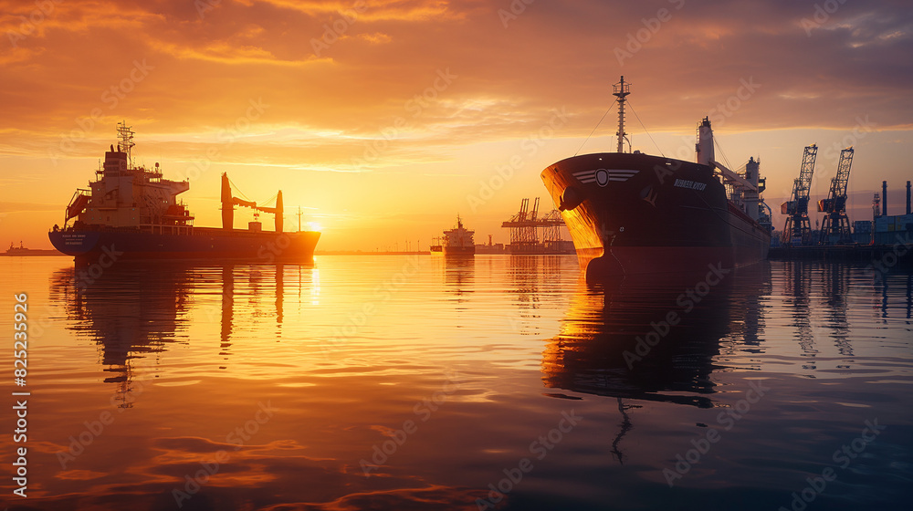 Cargo Ships Near Coastal Cities at Sunset with Reflective Sea Surface, Highlighting Logistics and Transport Operations in a Picturesque Maritime Setting