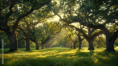 Tall  majestic oak trees standing in a lush green forest  their branches reaching up towards the sky  with sunlight filtering through the leaves.