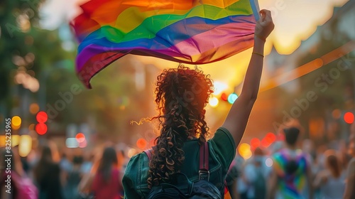 The image shows a person waving a rainbow flag at a pride parade. The flag is a symbol of the LGBTQ+ community, and the parade is a celebration of the diversity of the community.