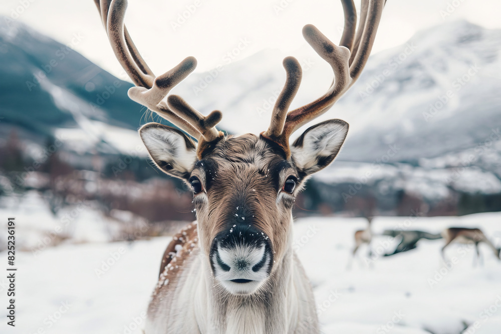A deer with antlers is standing in the snow A deer with antlers is standing in the snow