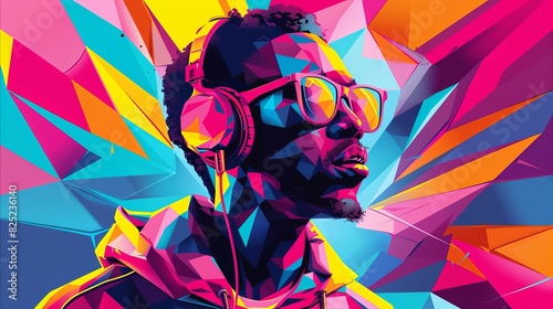 Colorful polygraph artwork of an African man wearing glasses and headphones. photo