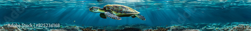 Majestic Sea Turtle Gliding in Clear Blue Ocean Over Coral Reef © Lidok_L