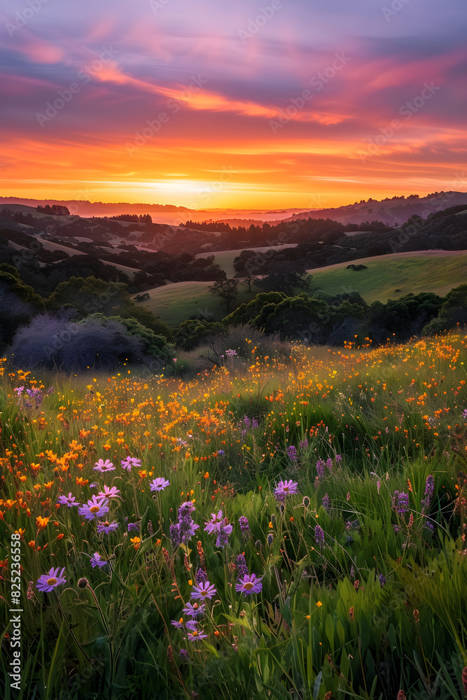 Tranquil Meadow Under a Breathtaking Sunset Capturing Nature's Serene Beauty and Vibrant Colors