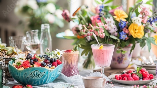 A table with a variety of fruits and drinks, including a pink smoothie