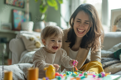 Mother and child enjoying creative time at home, smiling and playing with colorful toys on table