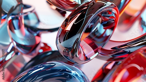 3D rendering of a bunch of glossy objects. The objects are red and blue and have a glossy surface.