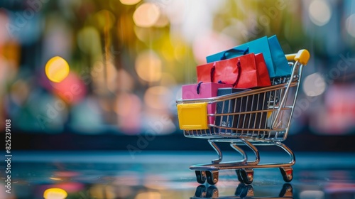 A vibrant shopping cart filled with various colorful shopping bags, showcasing a successful shopping spree. photo