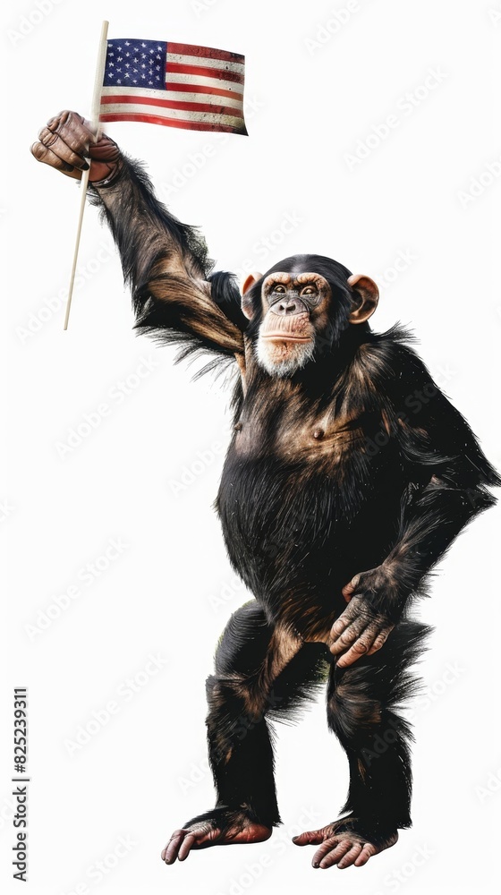 Obraz premium Playful Black Chimpanzee Waving the American Flag on White Background. 4K HD Wallpaper Illustrating Patriotism and Wildlife.