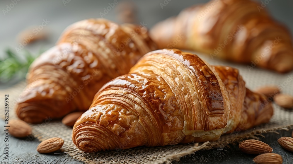 inviting bakery concept fresh croissants with almonds on a rustic table, emitting warmth and coziness