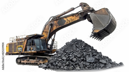 a giant CAT mining escavator dropping a pile of rocks, isolated on a white background