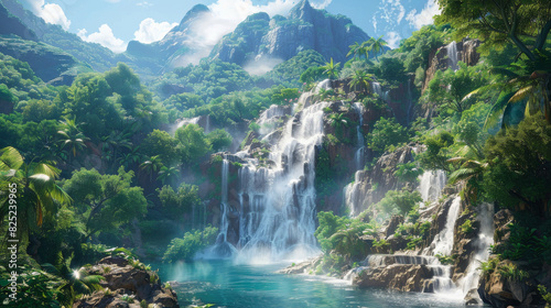 A lush green jungle with a waterfall in the foreground photo