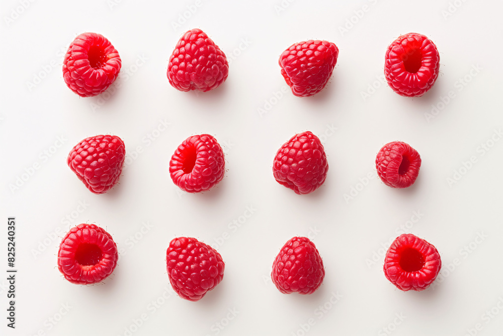 Close-up of raspberries arranged in a neat grid pattern on a white background
