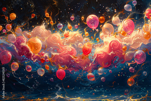 Underwater scenes with balloons fluttering in the water, creating colorful patterns and play of light