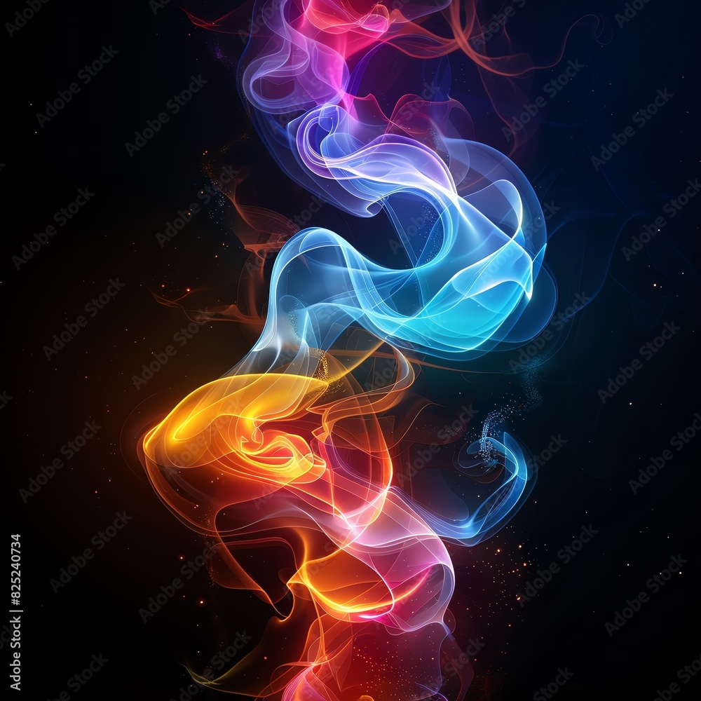 An abstract painting of vibrant, swirling, colorful smoke against a black background. The smoke is a mixture of red, orange, yellow, green, blue, and purple. An abstract painting of vibrant, swirling, colorful smoke against a black background. The smoke is a mixture of red, orange, yellow, green, blue, and purple.