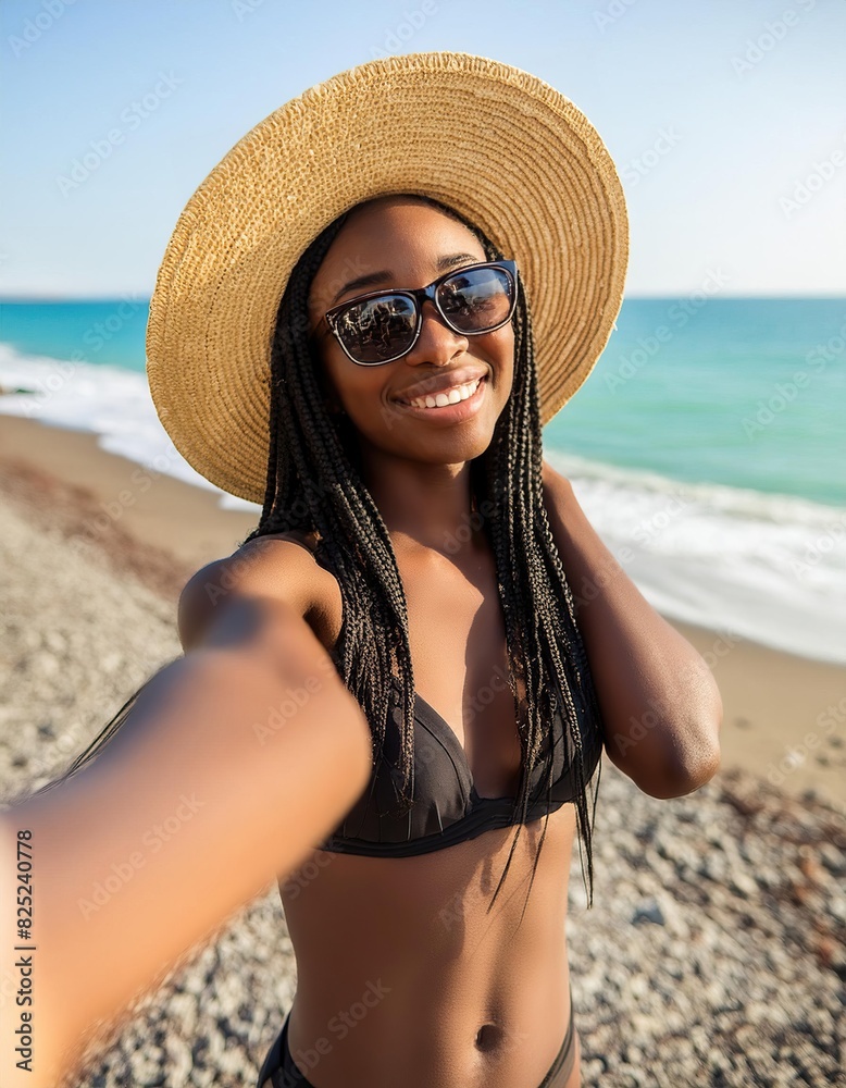 Happy young woman in straw hat and sunglasses takes a selfie on the beach Happy young woman in straw hat and sunglasses takes a selfie on the beach