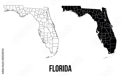 State of florida map of districts regions cities vector black on white and outline