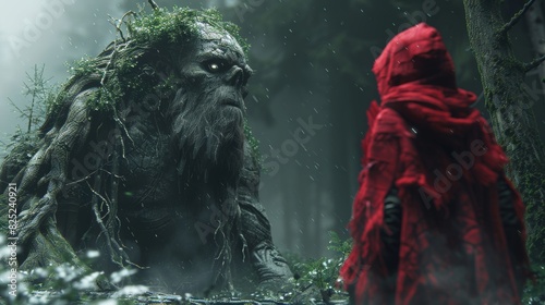 a magical wizard confronting a gigantic troll giant monster in the fantasy forest