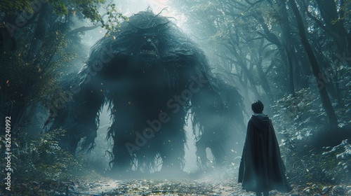 a magical wizard confronting a gigantic troll giant monster in the fantasy forest photo