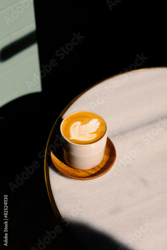 A freshly brewed specialty hot latte cappuccino on a table