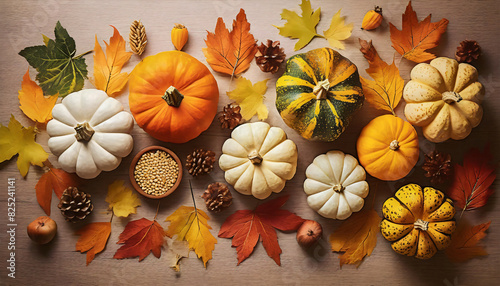 view of pumpkins and fall leaves lying on a table