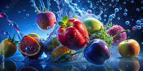 Close-up of fresh fruit with water splashes on a blue background photo