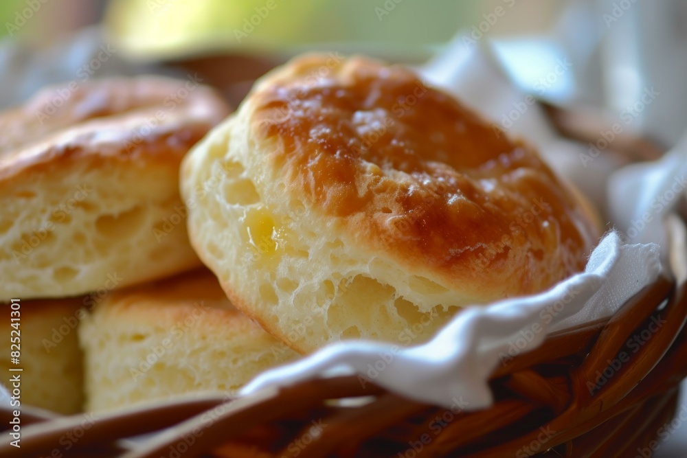 Freshly baked biscuits in a woven basket with a soft-focused background Freshly baked biscuits in a woven basket with a soft-focused background