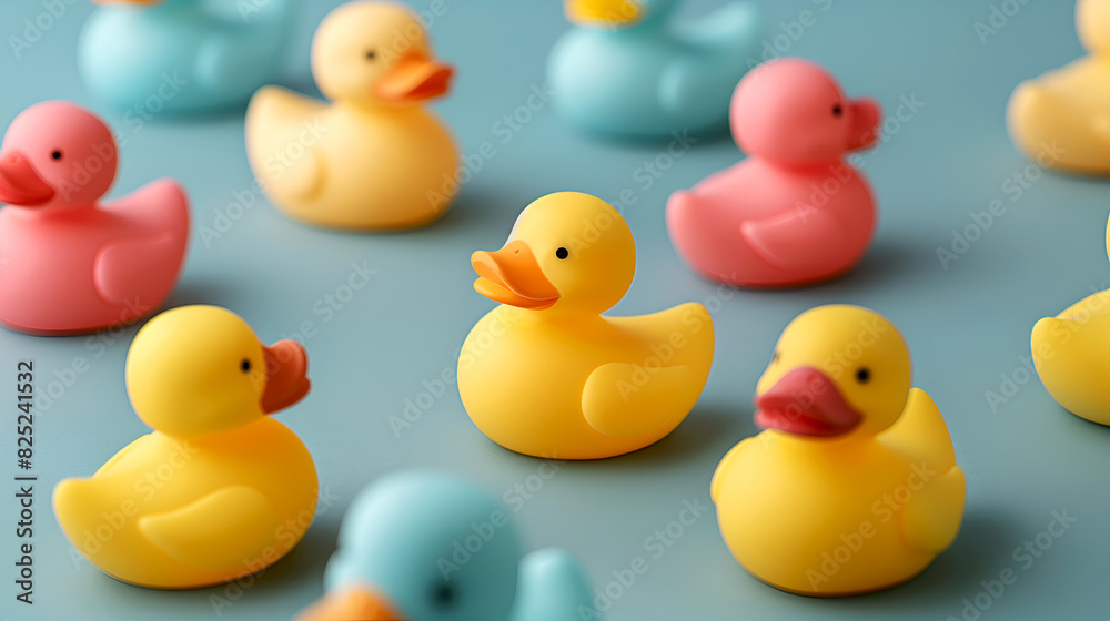 Colorful rubber ducks in a playful arrangement on a soft blue background. Rubber ducks pattern on blue, creative. Assorted rubber ducks in a variety of colors, ideal for diversity themes. Colorful rubber ducks in a playful arrangement on a soft blue background. Rubber ducks pattern on blue, creative. Assorted rubber ducks in a variety of colors, ideal for diversity themes.